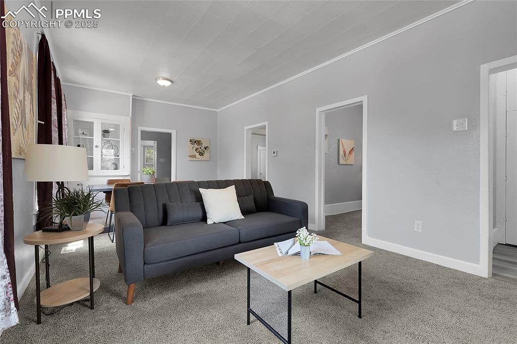 Image 6 of 29: Living room featuring ornamental molding and carpet