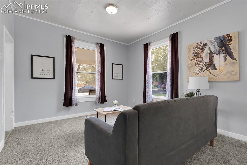 Image 7 of 29: Carpeted living area with ornamental molding and healthy amount of natural