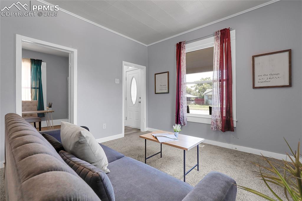 Image 8 of 29: Living area featuring crown molding and carpet flooring