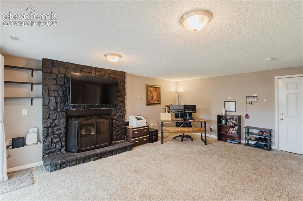Image 19 of 49: Family room with fireplace and door to garage
