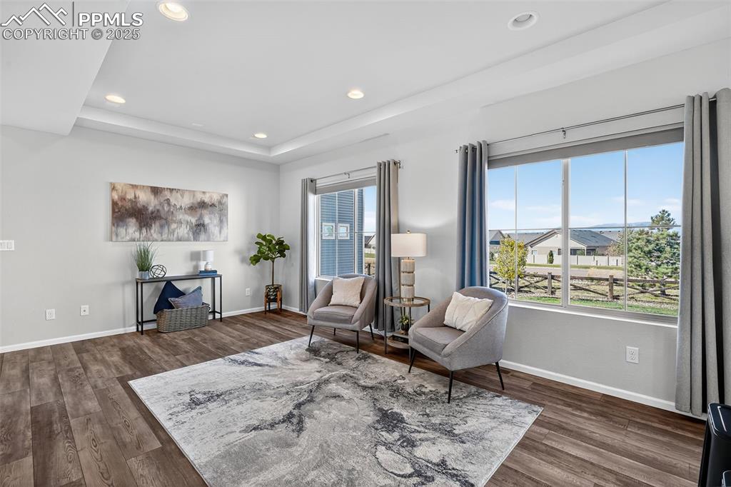 Image 7 of 32: MAIN LEVE GREAT ROOM WITH TONS OF NATURAL LIGHT AND PIKES PEAK VIEW!