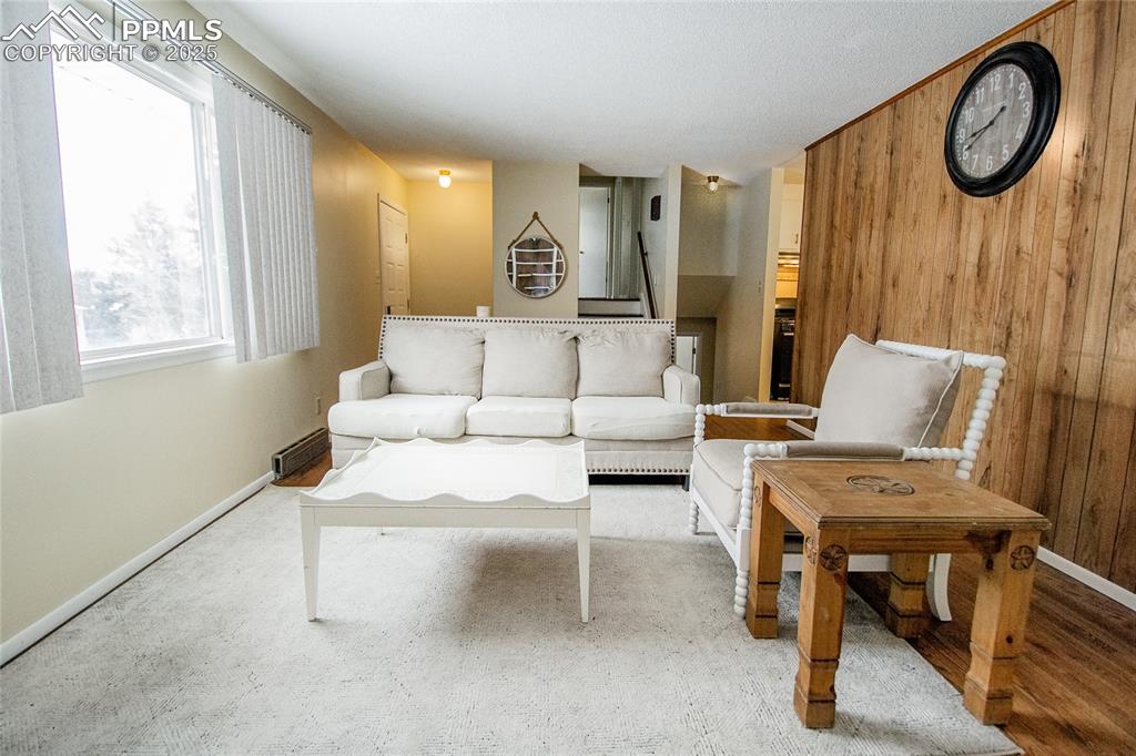 Image 16 of 48: Living room featuring wood walls