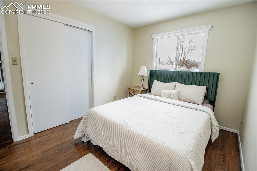 Image 34 of 48: Bedroom featuring dark hardwood / wood-style flooring and a closet
