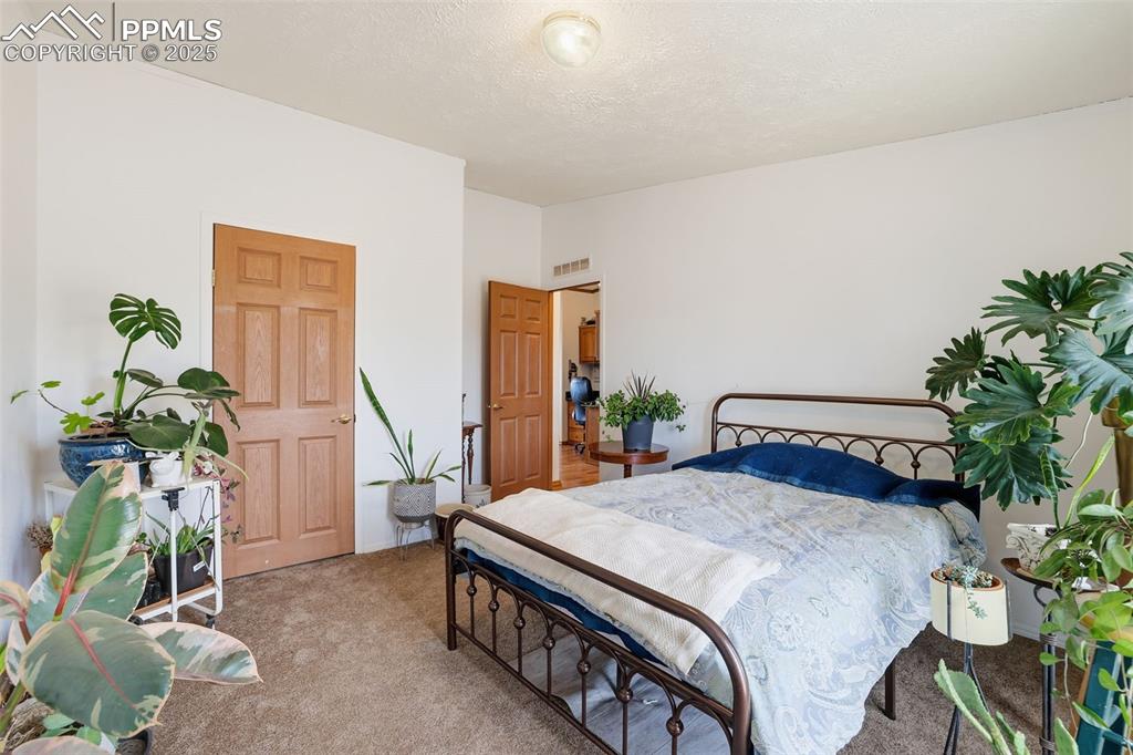 Image 25 of 49: Bedroom with carpet flooring and a textured ceiling