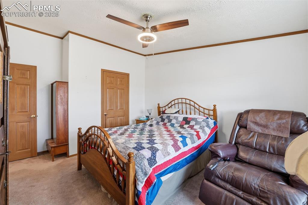 Image 28 of 49: Carpeted bedroom with ceiling fan, ornamental molding, and a textured ceili