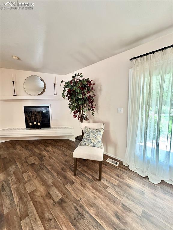 Image 10 of 27: Living area featuring wood style floors and a glass covered fireplace
