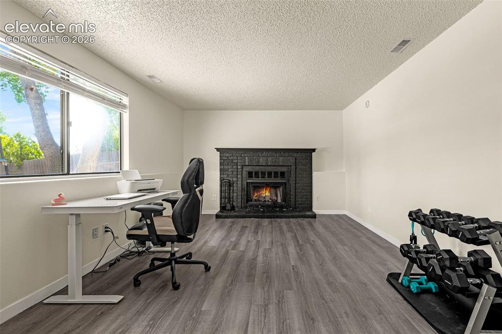 Image 11 of 29: Spacious room featuring wood-finish flooring, a prominent black-painted fir