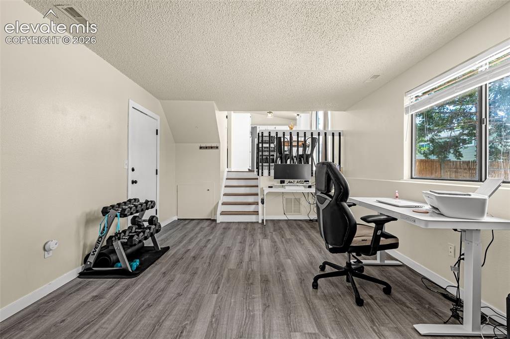 Image 12 of 29: Finished lower level featuring wood-finish flooring, light-toned walls, and