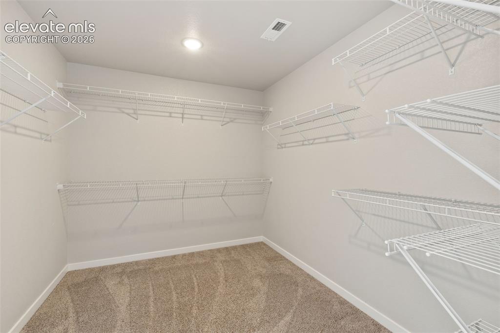 Image 21 of 27: Carpeted walk-in closet featuring extensive wire shelving, multiple storage