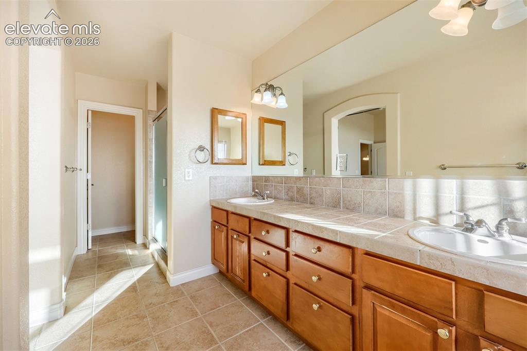 Image 16 of 32: Primary bedroom bath with shower and commode