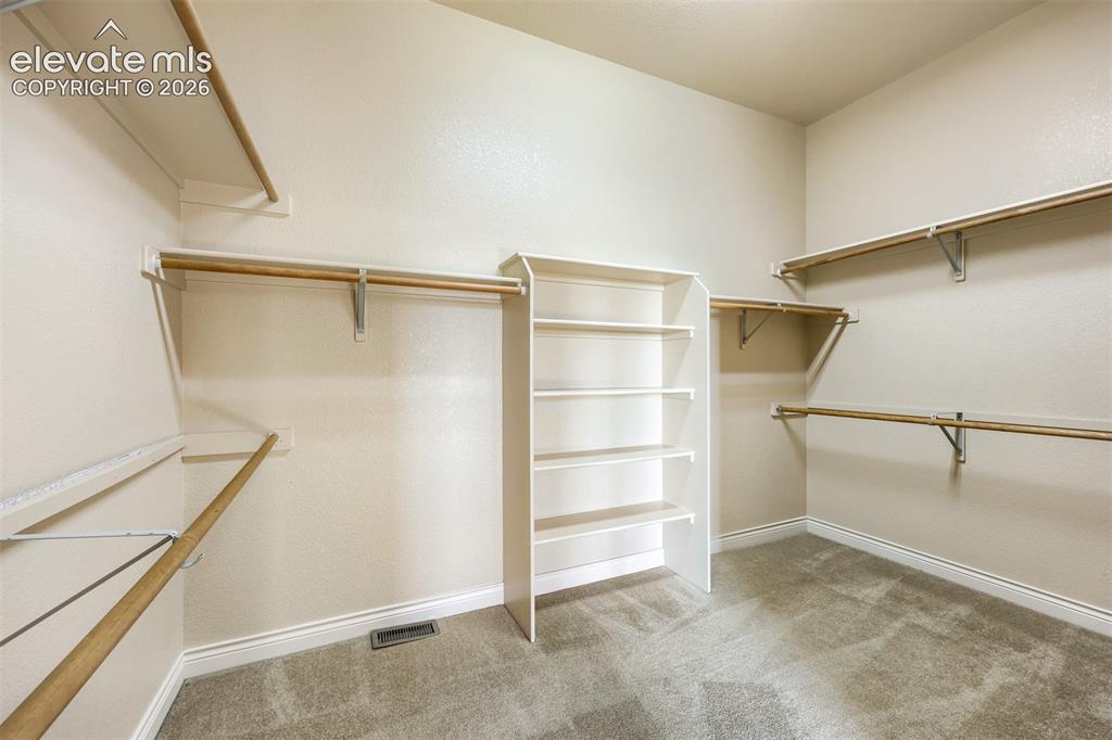 Image 17 of 32: Primary bedroom walk-in closet featuring carpet flooring, built-in shelving