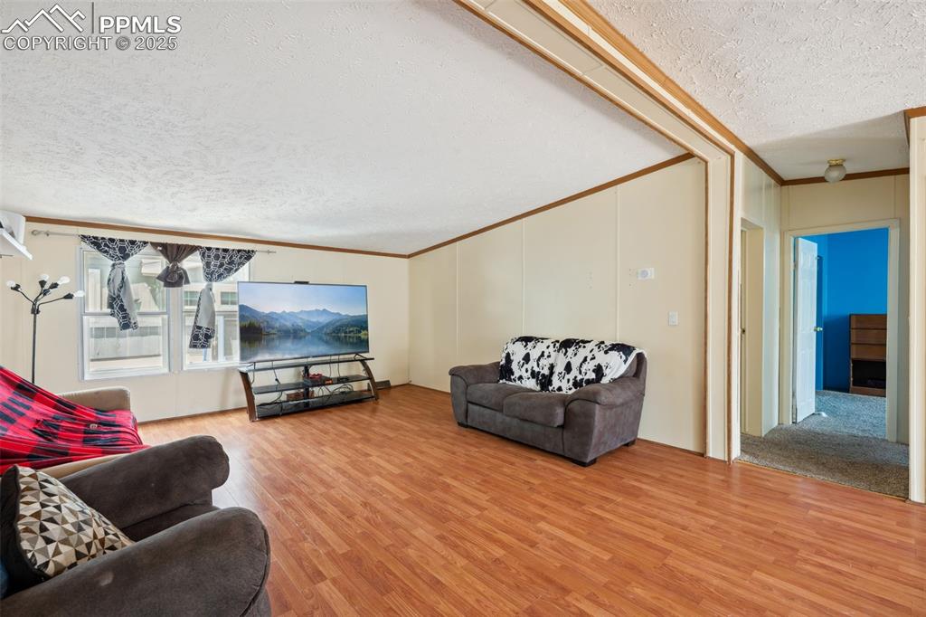 Image 17 of 34: Living room featuring a textured ceiling, ornamental molding, and wood fini