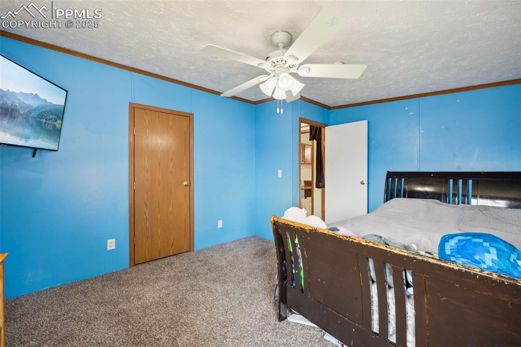 Image 24 of 34: Bedroom featuring carpet floors, a textured ceiling, ornamental molding, an
