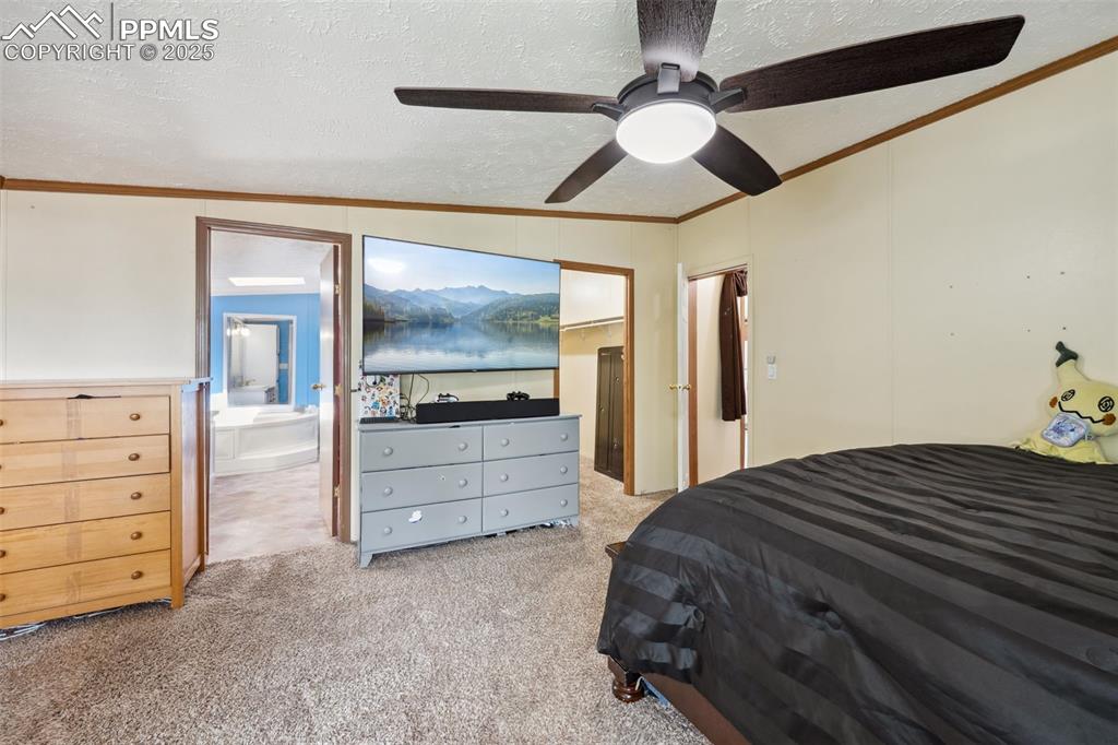 Image 26 of 34: Carpeted bedroom with ornamental molding, a textured ceiling, ceiling fan,