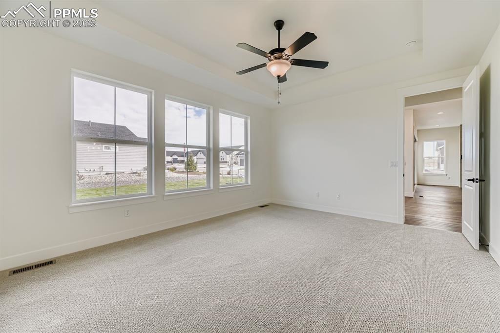 Image 13 of 27: Unfurnished bedroom featuring a tray ceiling, light colored carpet, and cei