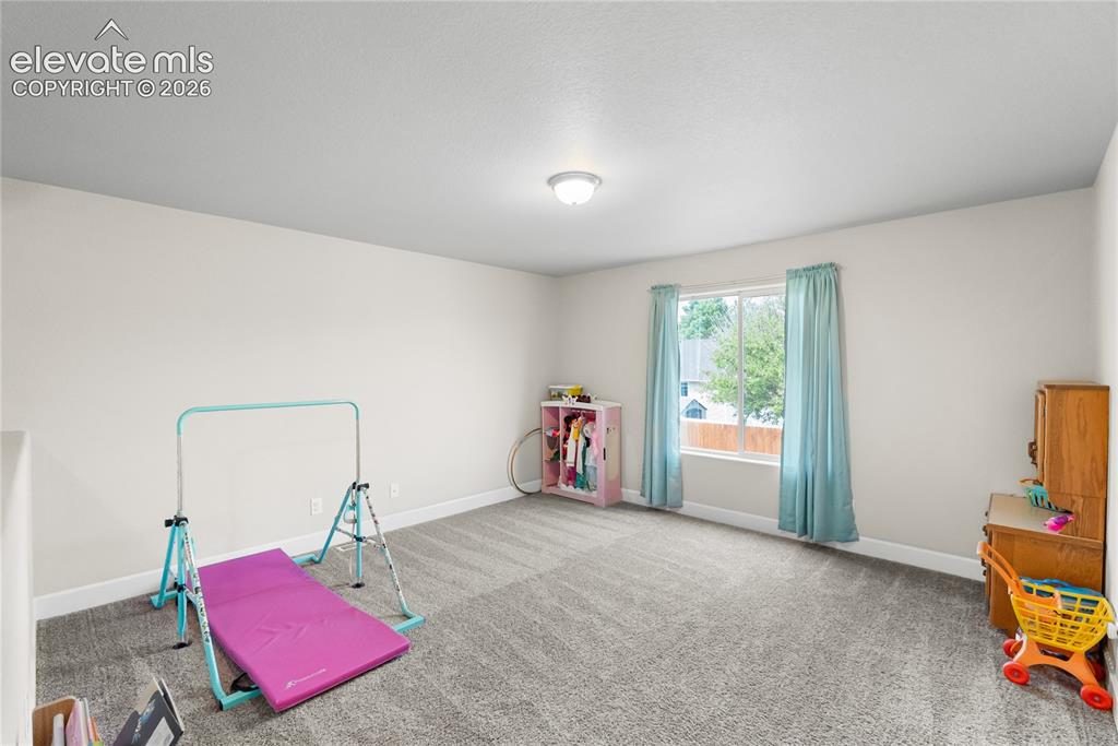 Image 19 of 42: Spacious room featuring light gray carpeting, a single window with light bl