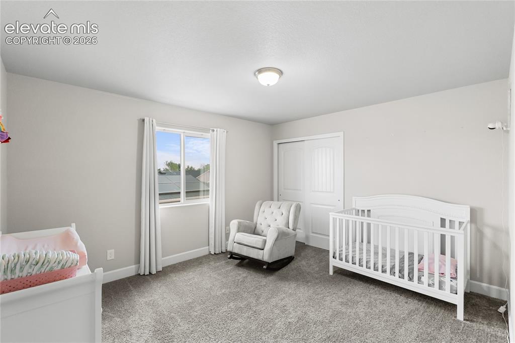 Image 24 of 42: Bright room featuring a window with white trim, gray carpet flooring, and a