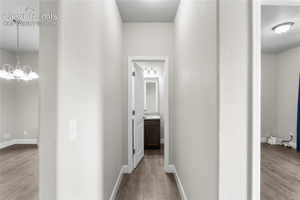 Image 6 of 42: Central hallway featuring wood-finish flooring, white baseboards, and light