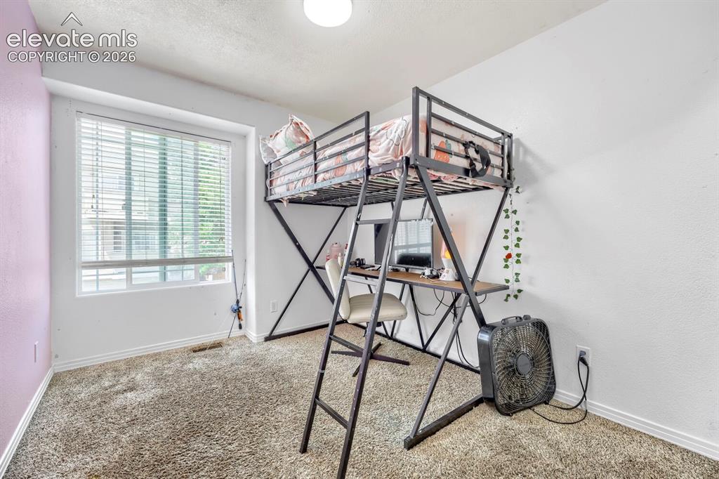 Image 10 of 17: Window with blinds, carpeted flooring, and a ceiling-mounted light fixture