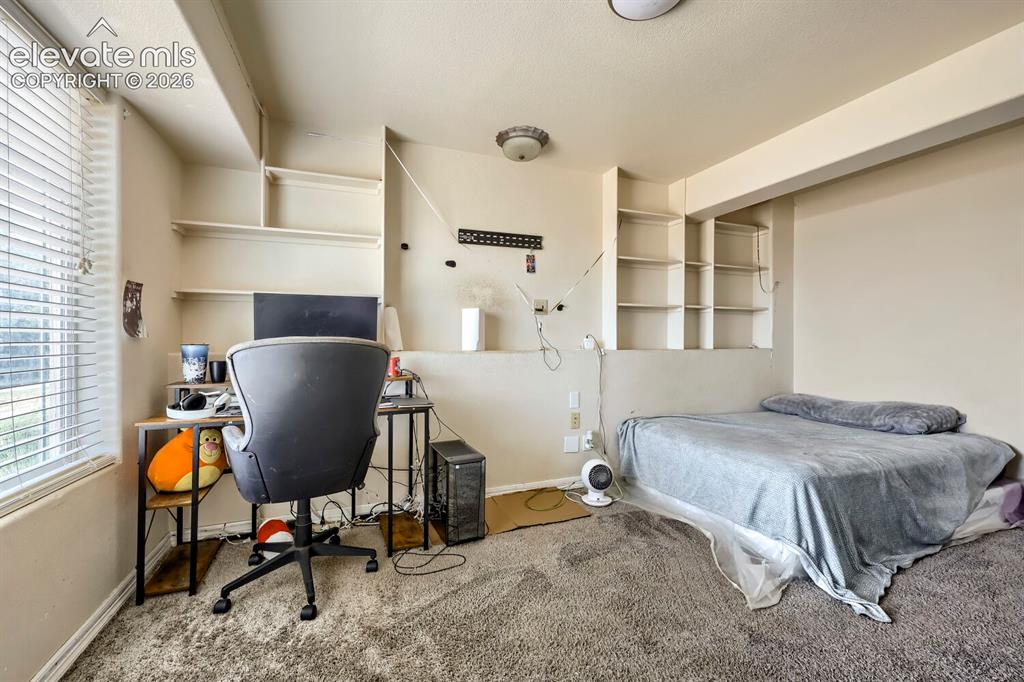 Image 12 of 17: Built-in shelving units, wall-to-wall carpeting, and a window with blinds
