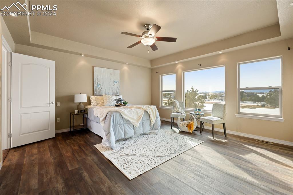 Image 18 of 48: Bedroom with ceiling fan, dark hardwood / wood-style floors, and a raised c