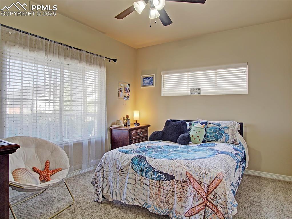 Image 6 of 30: Bedroom with carpet floors, multiple windows, and a ceiling fan