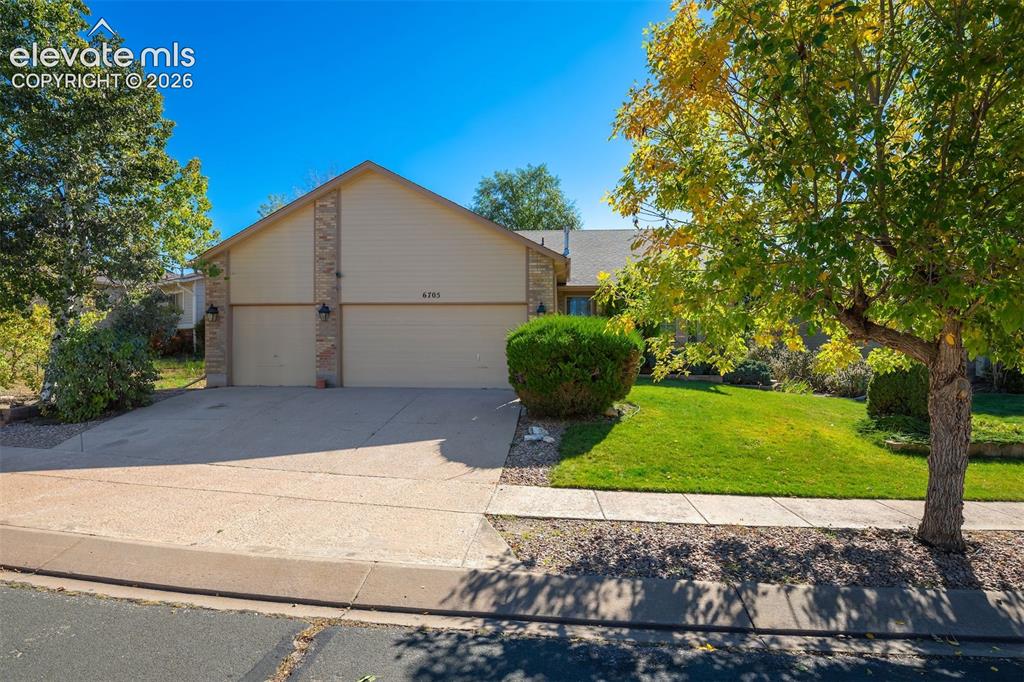 Caption: Exterior featuring a two-car garage, concrete driveway, and a landscaped front yard with mature tree