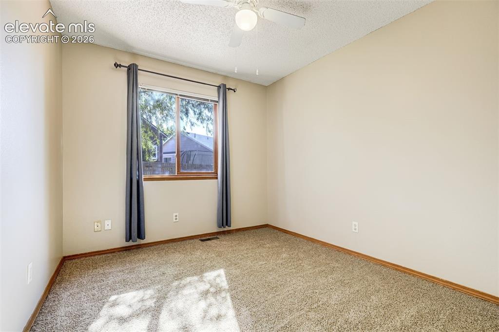 Image 31 of 50: Wall-to-wall carpeting with wood-finish trim, a window with wood-finish fra