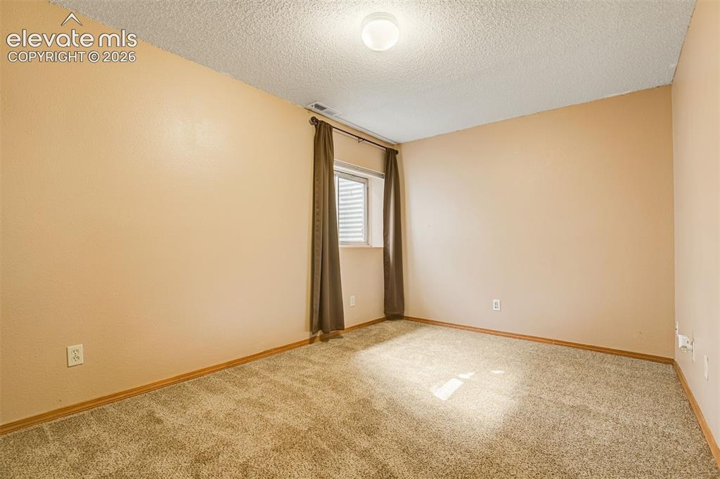 Image 40 of 50: Textured carpet flooring, window with blinds, ceiling-mounted light fixture