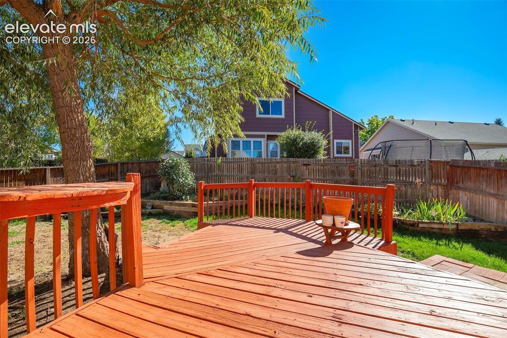 Image 45 of 50: Expansive wooden deck with a built-in tree, surrounded by a wood fence, and