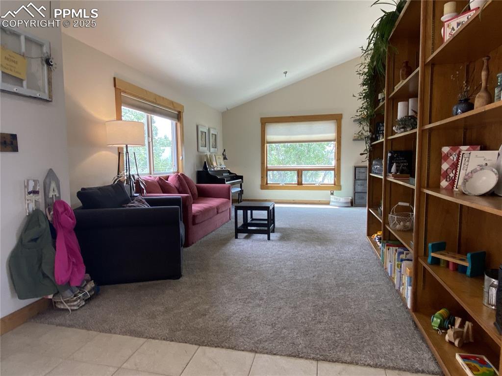 Image 19 of 48: The living room features built in bookshelves