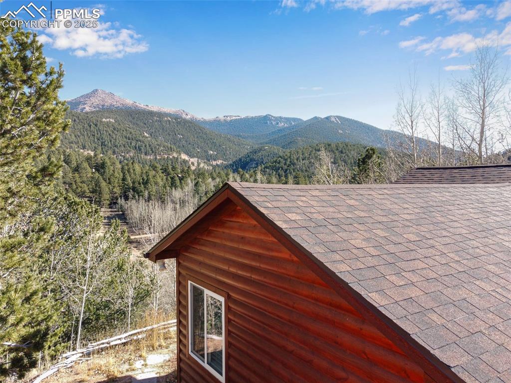 Image 31 of 34: View of mountain background with a heavily wooded area