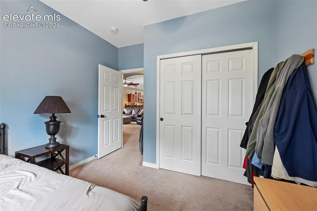Image 21 of 43: Carpeted flooring, white six-panel interior doors, and a built-in closet wi