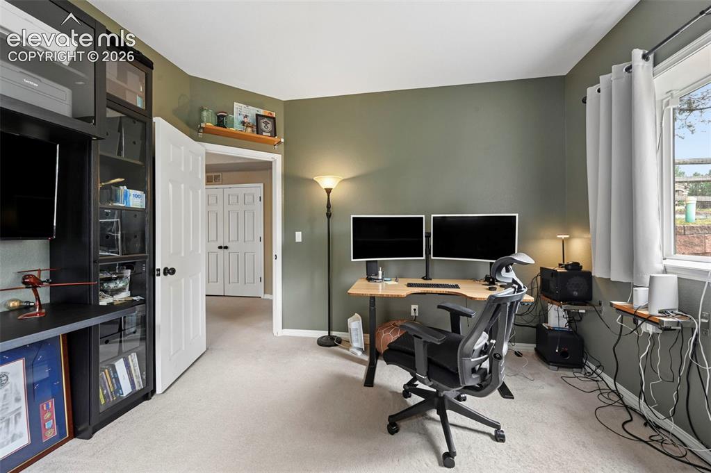 Image 23 of 43: Window with outdoor scenery, light-colored carpeting, warm-toned wall paint