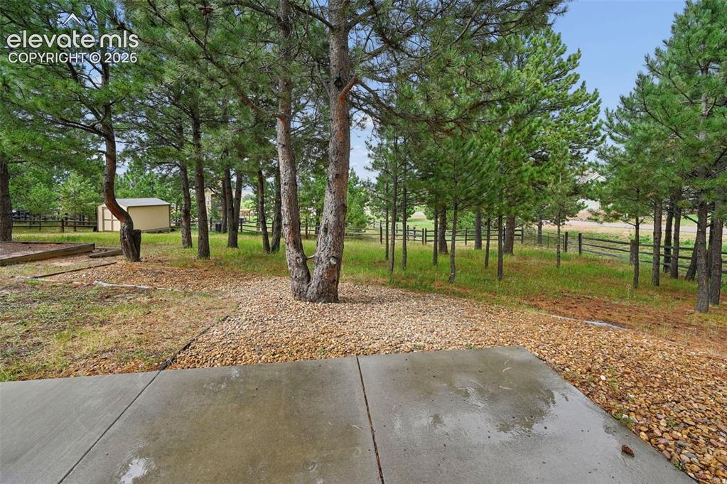 Image 31 of 43: Concrete patio with surrounding gravel and mature trees, featuring a detach