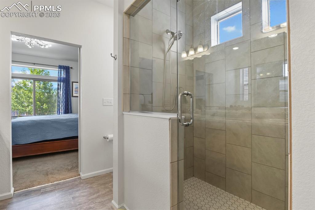 Image 22 of 39: Glass-enclosed shower featuring large format wall tiling, a hex tile floor,