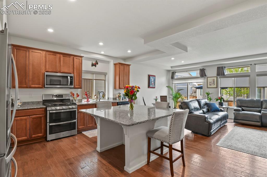 Image 8 of 39: Open-concept kitchen and living area featuring wood-finish flooring