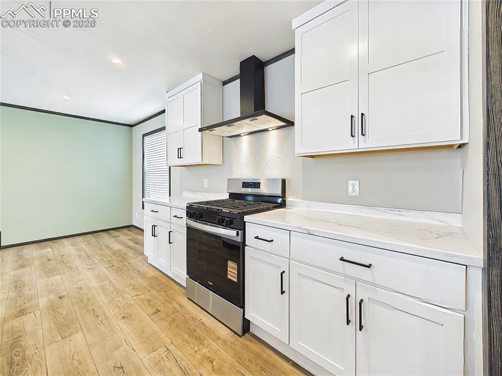 Image 20 of 50: Kitchen – Range & Hood Detail – Modern cooking area featuring a stainless s