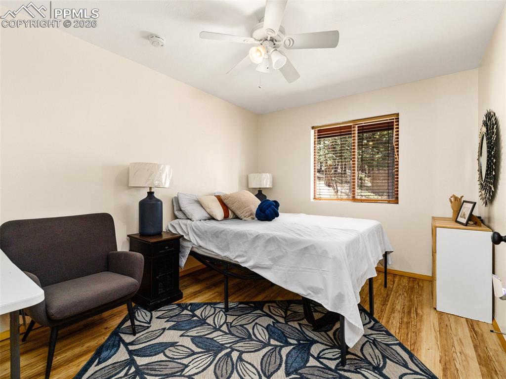 Image 14 of 37: Bedroom featuring light wood finished floors and a ceiling fan