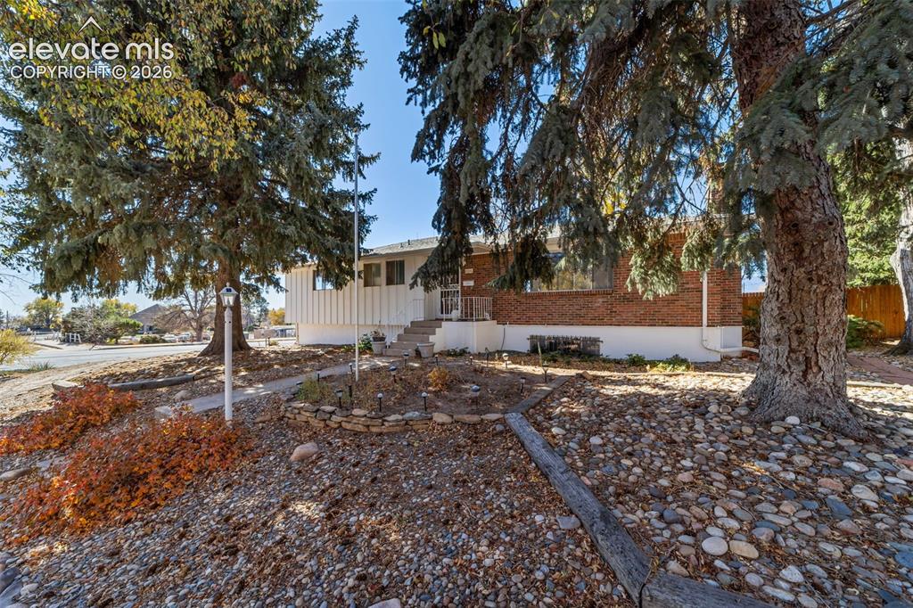 Image 49 of 50: Stone-landscaped front yard featuring mature evergreen trees, a brick facad