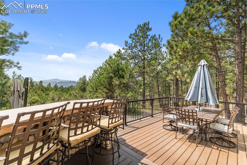 Image 46 of 47: View of Pikes Peak from this beautiful deck with outdoor kitchen!