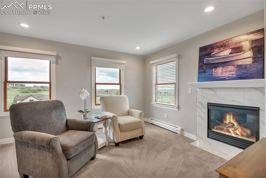 Image 26 of 49: Living area with baseboard heating, light colored carpet, a high end firepl