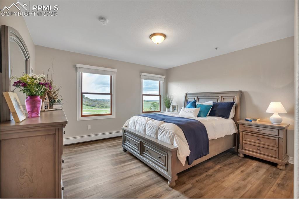 Image 29 of 49: Bedroom featuring baseboard heating, wood finished floors, and baseboards