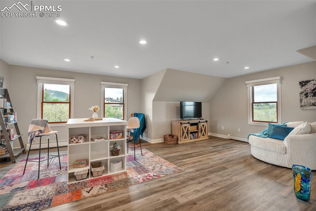 Image 32 of 49: Living room featuring baseboard heating, plenty of natural light, baseboard