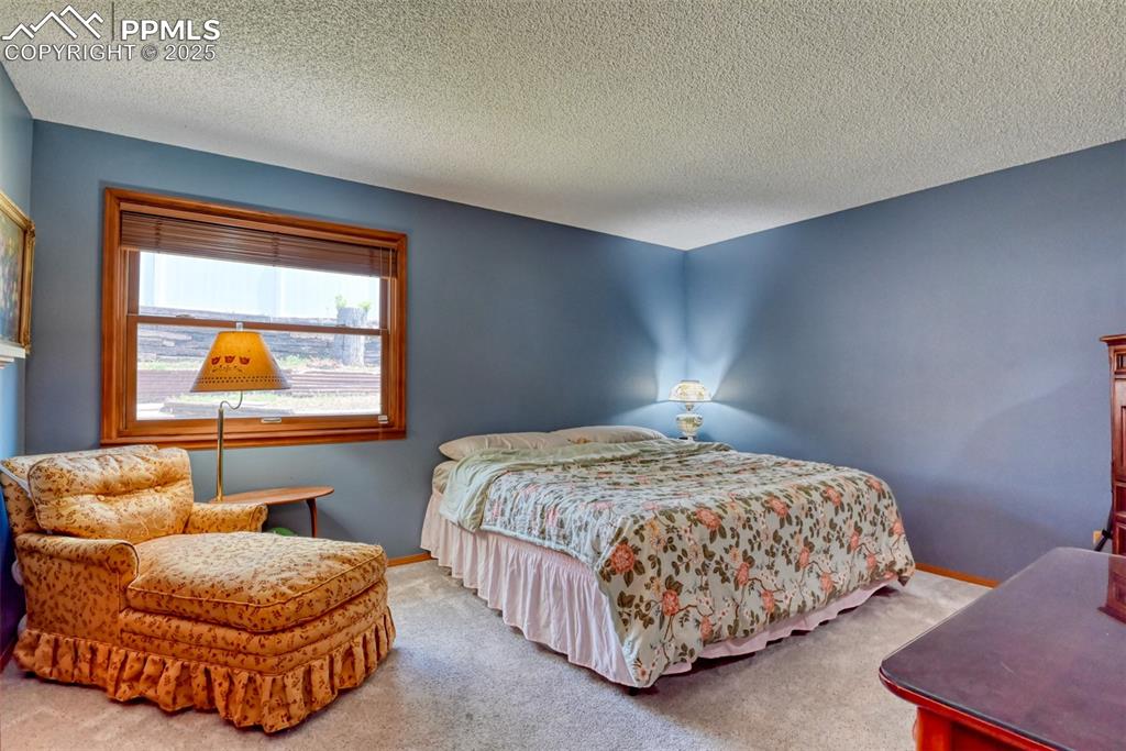 Image 12 of 32: Bedroom featuring carpet flooring and a textured ceiling