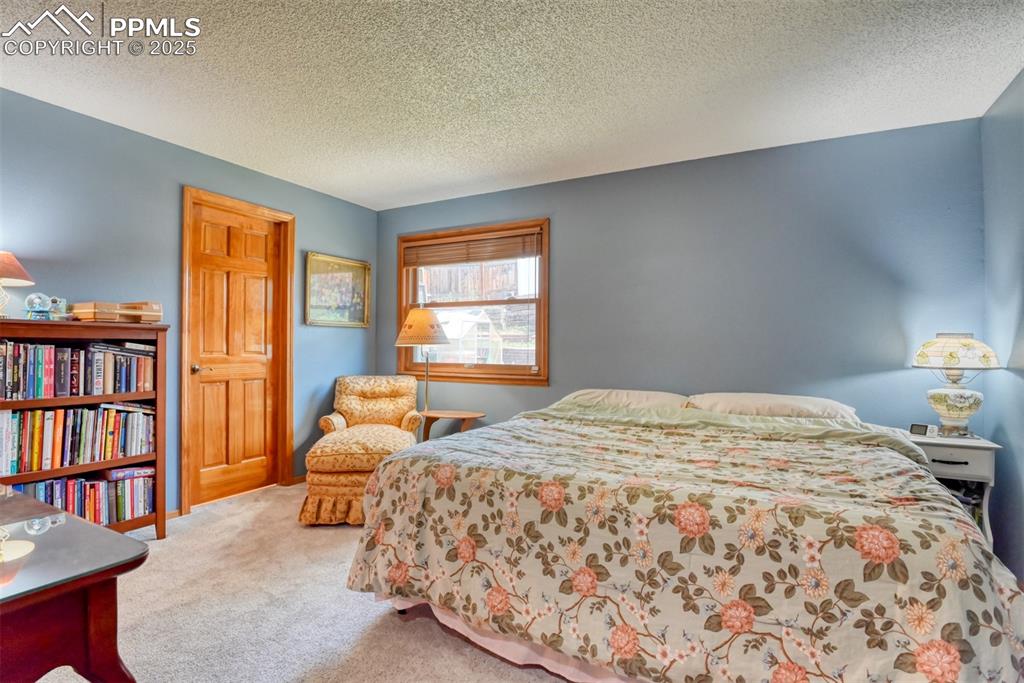 Image 13 of 32: Bedroom with carpet floors and a textured ceiling