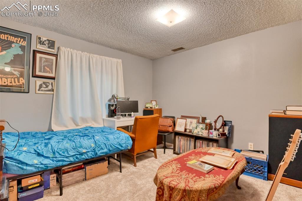 Image 28 of 32: Bedroom featuring a textured ceiling and carpet