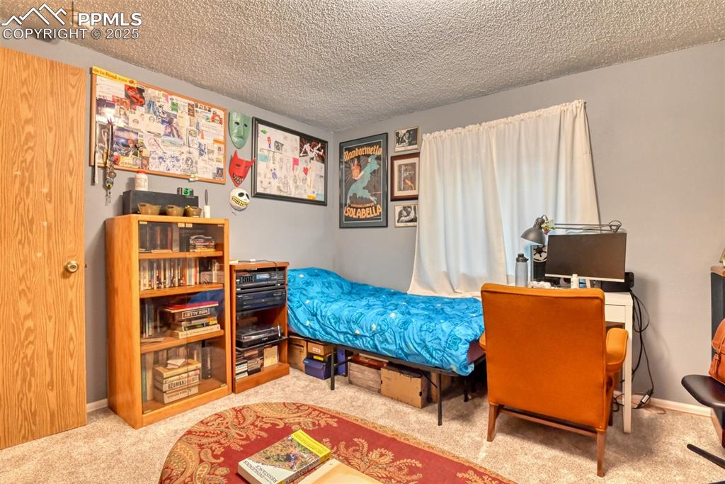 Image 30 of 32: Bedroom featuring a textured ceiling and carpet