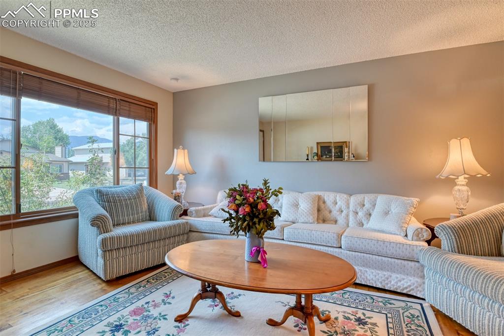 Image 4 of 32: Living room with wood finished floors and a textured ceiling