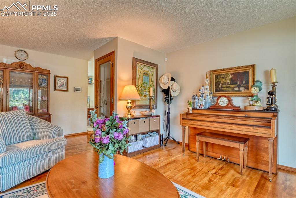Image 6 of 32: Living area with a textured ceiling and wood finished floors